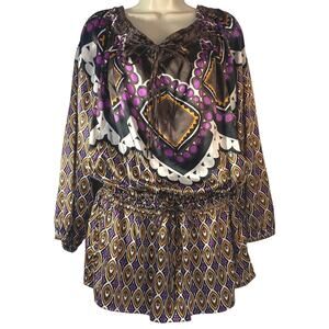Vintage Bill Blass Purple Geo Print 3/4 Sleeves Tie waist Peplum Top women sz L
